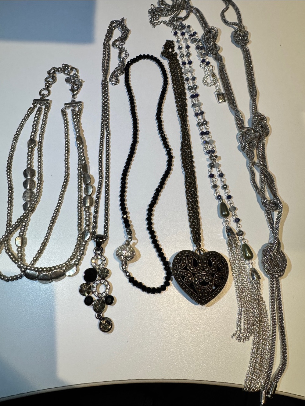 Vintage Silver and Black Mixed Metal Heart Pendant Necklaces Lot